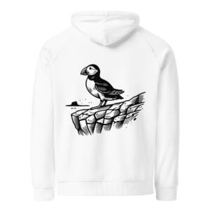 Minimalist British Isles puffin hoodie featuring a puffin standing on a cliff’s edge.