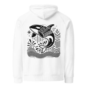 Minimalist Scandinavian orca hoodie inspired by Nordic coastal heritage.