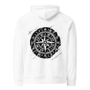 Minimalist Scandinavian compass hoodie with Nordic and runic elements, inspired by maritime navigation.