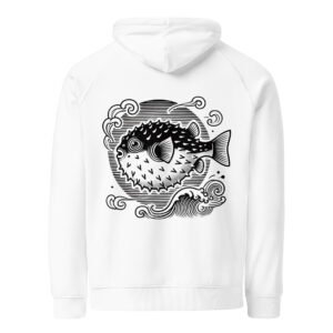 Minimalist Japanese pufferfish hoodie with subtle patterns and traditional Japanese design elements, inspired by cultural symbolism.