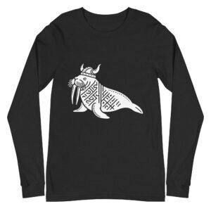 Minimalist Scandinavian walrus long sleeve T-shirt with bold linework, inspired by Arctic wildlife and Nordic heritage.