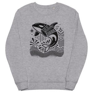 Minimalist Scandinavian orca sweatshirt with splashes of water, inspired by Nordic marine wildlife.