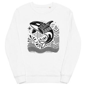 Minimalist Scandinavian orca sweatshirt with splashes of water, inspired by Nordic marine wildlife.
