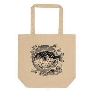 Minimalist Japanese pufferfish tote bag with negative-space patterns inspired by traditional Japanese design.