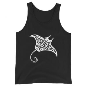 Minimalist Polynesian manta ray tank top with negative-space tribal patterns inspired by traditional tattoo art.