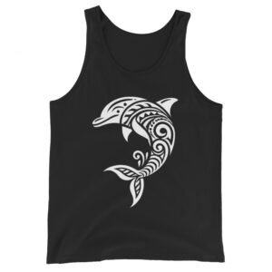 Minimalist Polynesian dolphin tank top with tribal patterns in negative space, inspired by traditional Polynesian tattoo art.