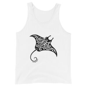 Minimalist Polynesian manta ray tank top with negative-space tribal patterns inspired by traditional tattoo art.