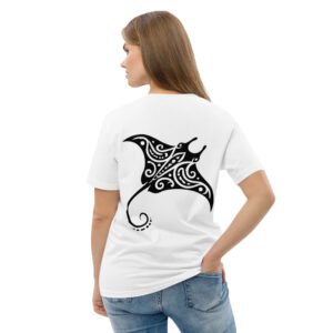 Minimalist Polynesian manta ray t-shirt with negative-space tribal patterns inspired by traditional Polynesian tattoo art.