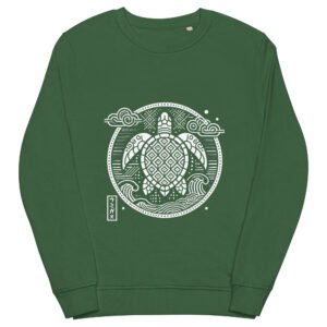 Minimalist Japanese turtle sweatshirt with circular frame and subtle cultural patterns in negative space.