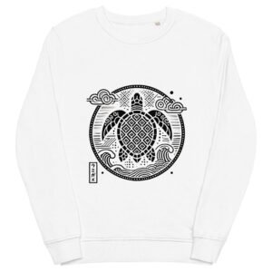 Minimalist Japanese turtle sweatshirt with circular frame and subtle cultural patterns in negative space.